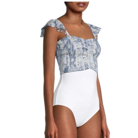 LA MODA CLOTHING Shirred‎ Tie-Dye Cover-Up Crop Swim Top, Blue/White, L/XL, NWT - Picture 1 of 4